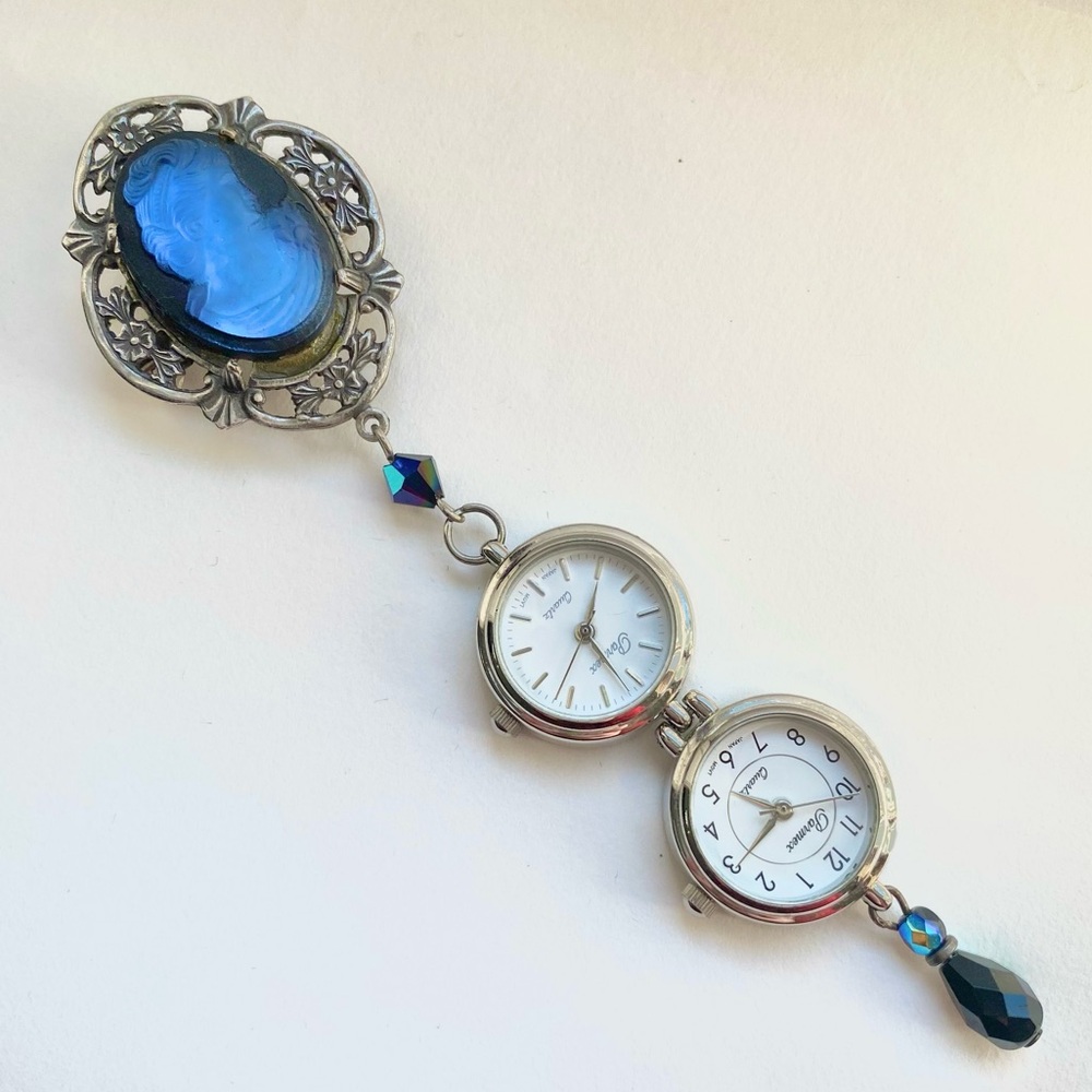Vintage Lapel Watch Dual time with Carved Blue Cameo on Silver Pin Unique Rare